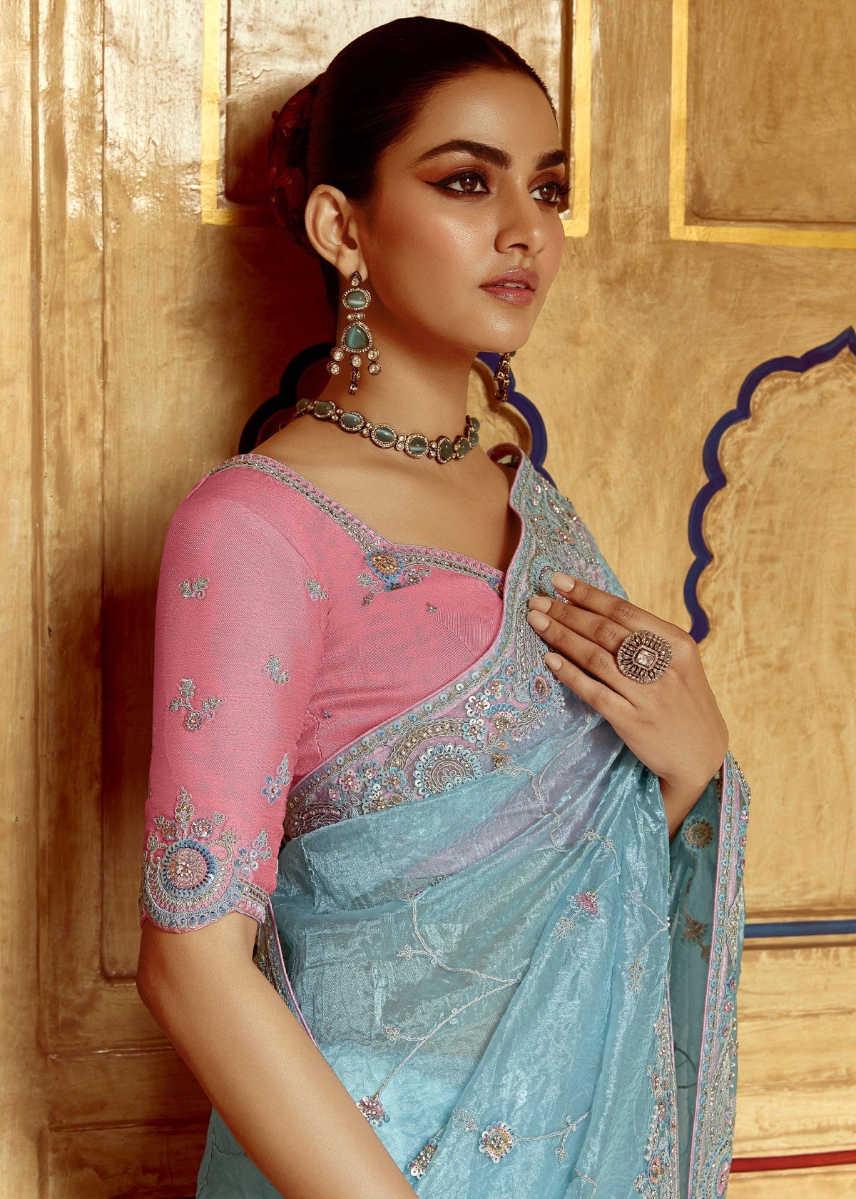 Blue Heavy Embroidered Designer Silk Saree