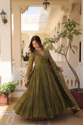 Stunning Designer Embroidered Work Gown With Dupatta Set - women's fashion mart