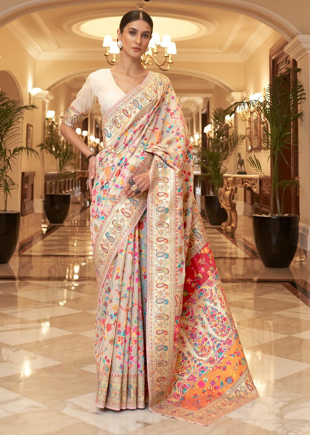 Multicolour White Woven Jamewar Banarasi Saree