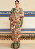 Cream And Green Woven Banarasi Printed Soft Silk Saree