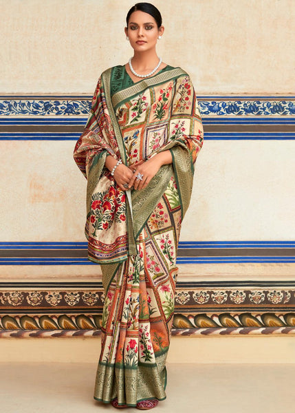 Cream And Green Woven Banarasi Printed Soft Silk Saree