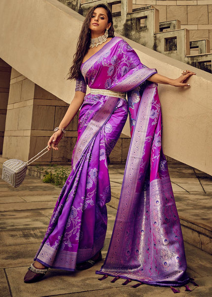 Charming Purple Woven Satin Silk Banarasi Saree With Brocade Blouse
