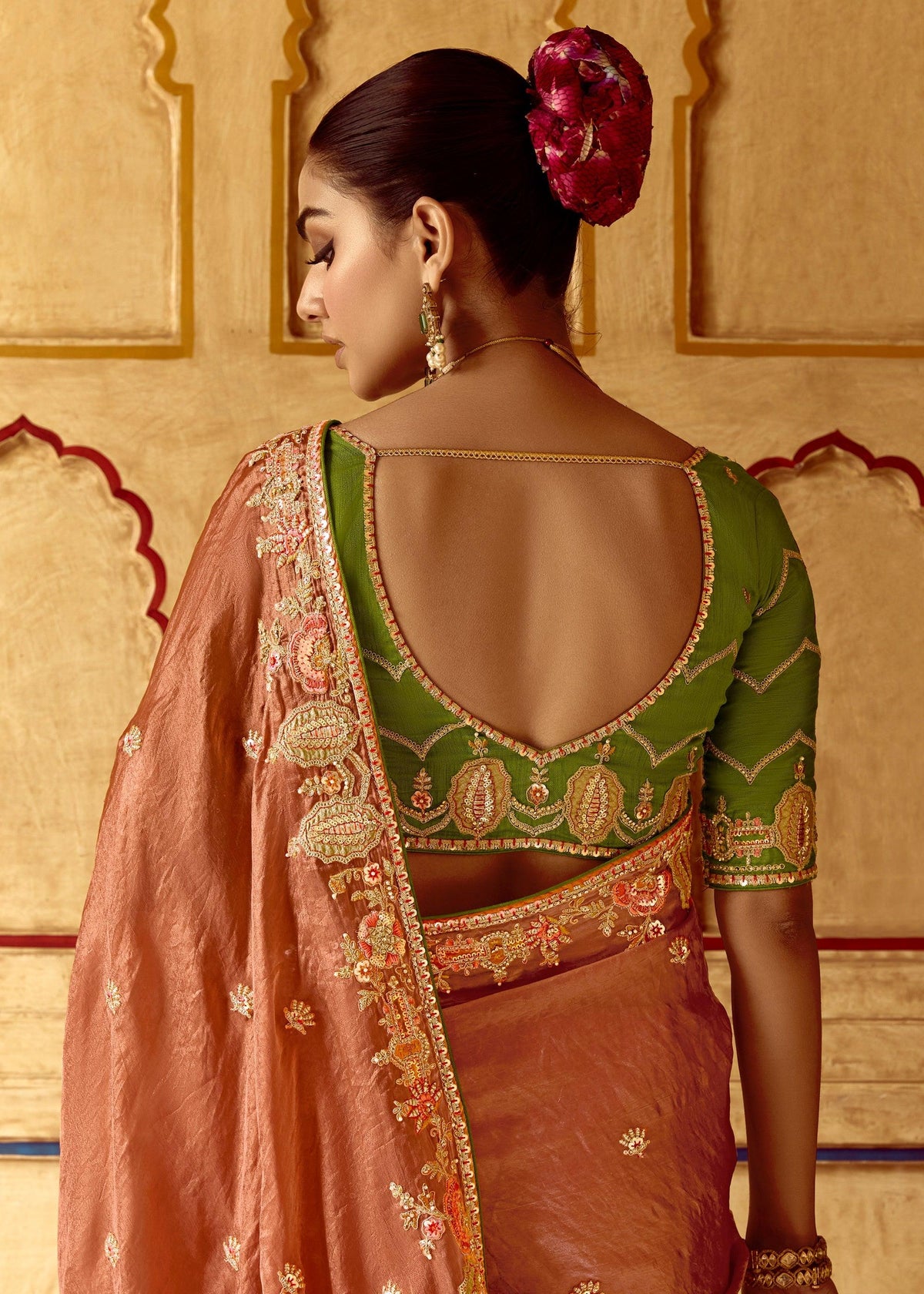 Apricot Peach Heavy Embroidered Designer Silk Saree