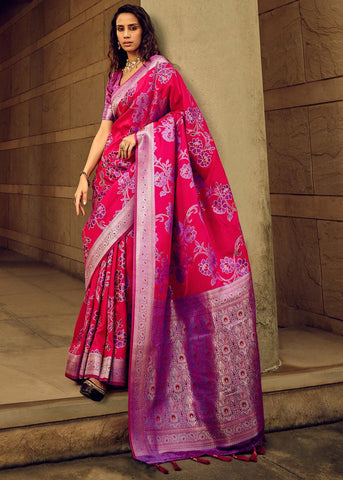 Princess Pink Woven Satin Silk Banarasi Saree With Brocade Blouse