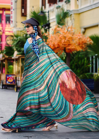 Turquoise Blue Satin Crepe Printed Silk Saree