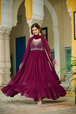 Wine Bloom Elegance The Royal Beaded Designer Gown