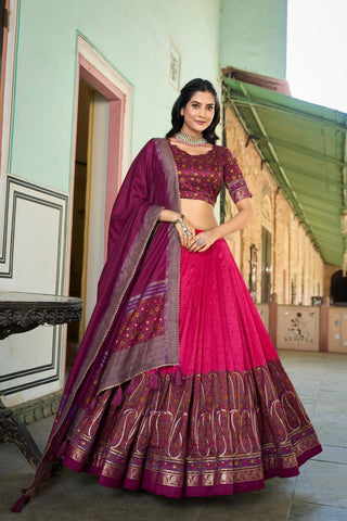 Kashmiri Printed Silk Lehenga Choli -WOMEN FASHION Pink women's fashion mart
