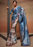 Blue And Brown Printed Satin Silk Saree