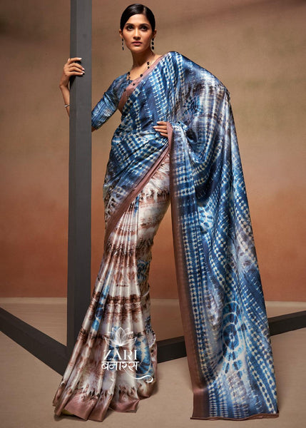 Blue And Brown Printed Satin Silk Saree