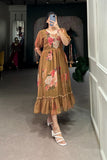 Brown Floral Printed Georgette Dress - women's fashion mart