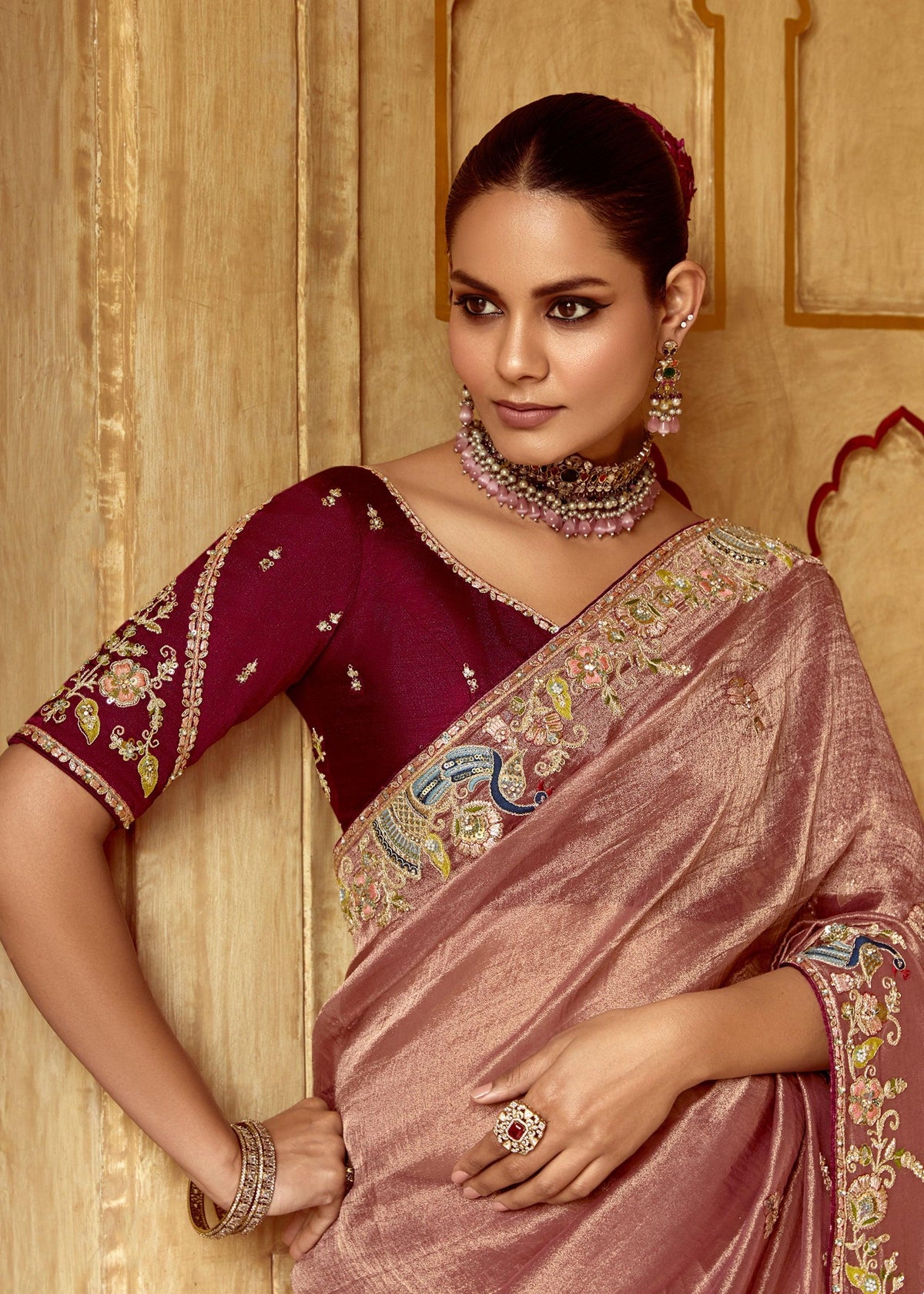 Mauve Brown Heavy Embroidered Designer Silk Saree