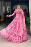 Pink Floral Printed Georgette Tiered Tradition Style Lehenga Choli - women's fashion mart