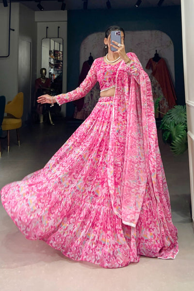 Pink Floral Printed Georgette Tiered Tradition Style Lehenga Choli - women's fashion mart
