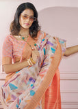 Bloom Peach Woven Banarasi Cotton Silk Saree With Digital Print