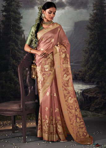 Dusky Pink Woven Banarasi Organza Silk Saree