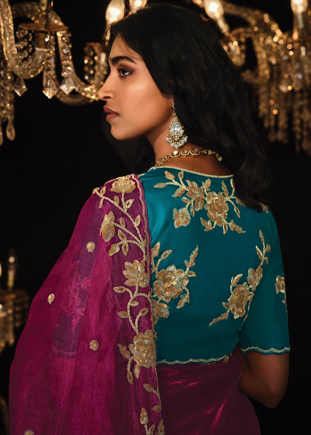 Magenta Pink Heavy Embroidered Designer Silk Saree With contrast Blouse