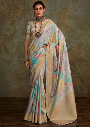 Silver Grey Soft Silk Saree With Digital Print