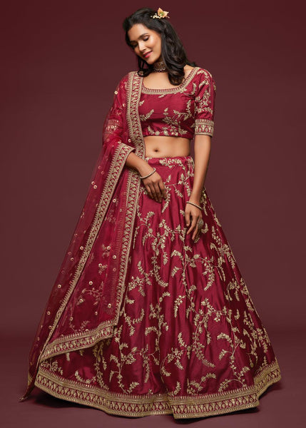 Persian Maroon Georgette Embroidered Lehenga With Net Dupatta