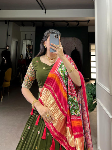 Awesome Georgette Embroidery Work Mehndi Color Lehenga Choli