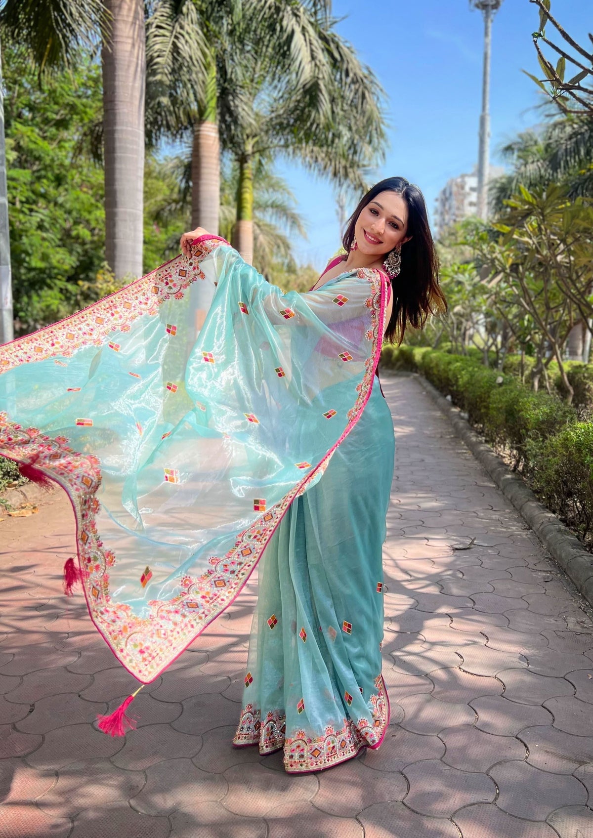 Multi thread embroidery work saree -Net Saree Blue women's fashion mart