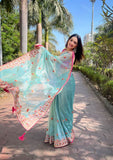 Multi thread embroidery work saree -Net Saree Blue women's fashion mart