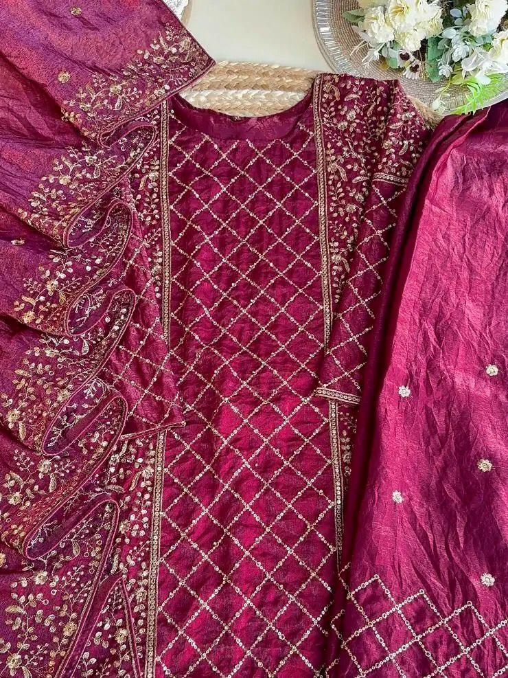 Admiring Embroidery Work Pink Color Palazzo Suit