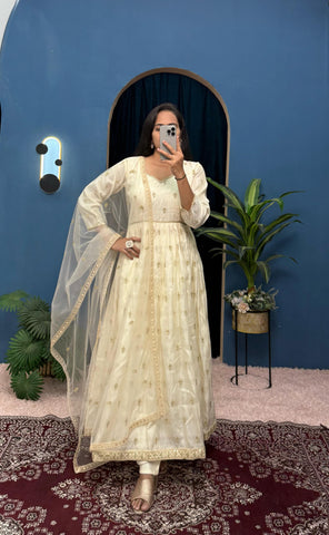 Adorable Embroidery Work Off White Color Gown