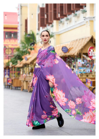 Luxurious and Blazing Lavender Pure Georgette Printed Saree - women's fashion mart