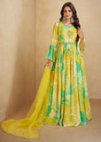 Lemon Yellow Digital Floral Printed  Chinon Anarkali Gown With Dupatta - women's fashion mart