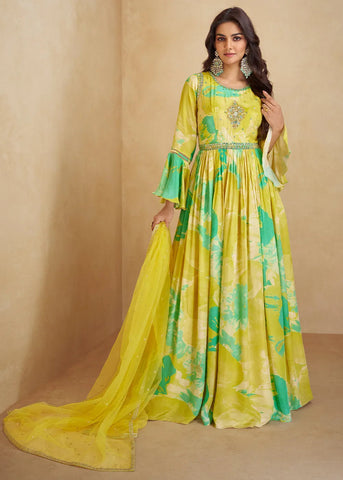 Lemon Yellow Digital Floral Printed  Chinon Anarkali Gown With Dupatta - women's fashion mart