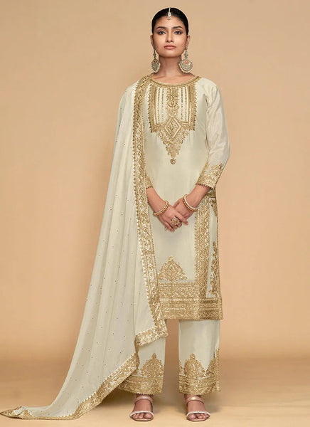 White Golden Embroidered Pakistani Pant Style Suit - women's fashion mart