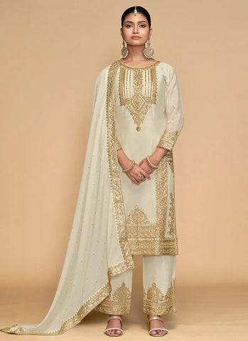 White Golden Embroidered Pakistani Pant Style Suit - women's fashion mart