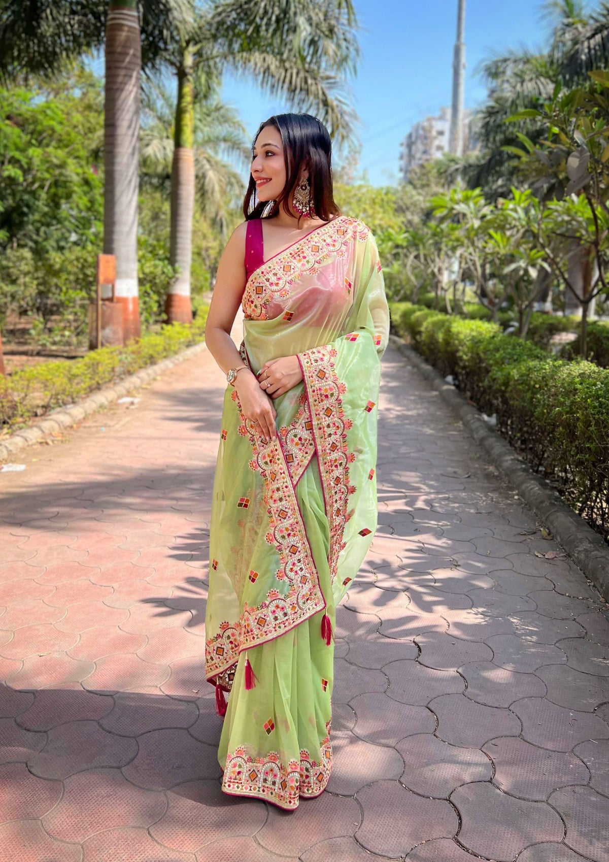 Multi thread embroidery work saree -Net Saree Green women's fashion mart