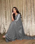 sequence work on georgette saree -Georgette Saree Grey women's fashion mart