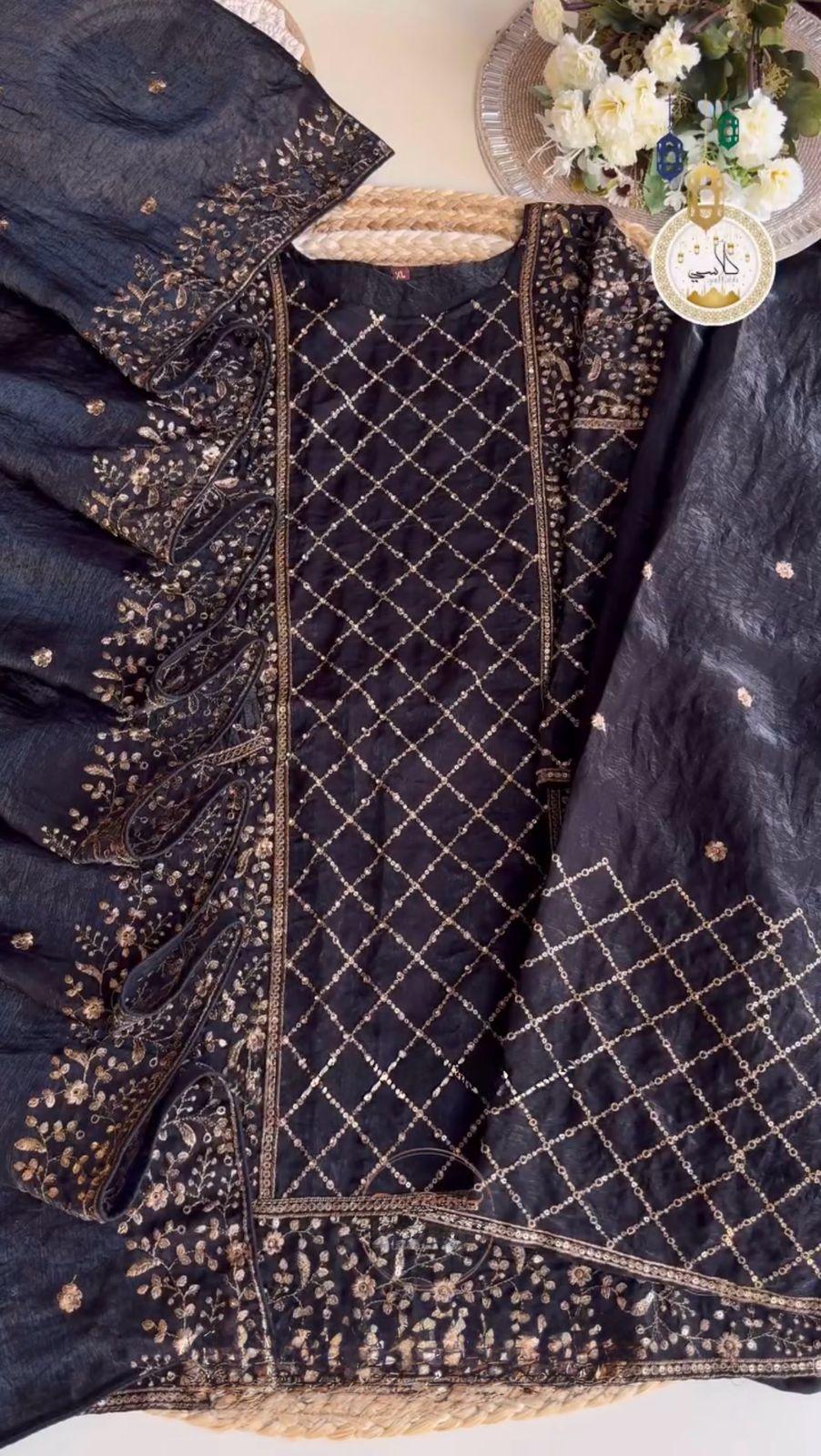 Admiring Embroidery Work Black Color Palazzo Suit