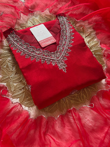 Red embroidered kurta Pant  with dupatta  women's fashion mart