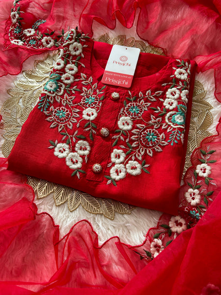 Designer Red Embroidered kurta bottom  with dupatta  women's fashion mart