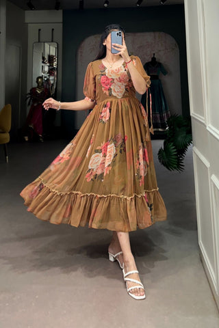 Brown Floral Printed Georgette Dress - women's fashion mart