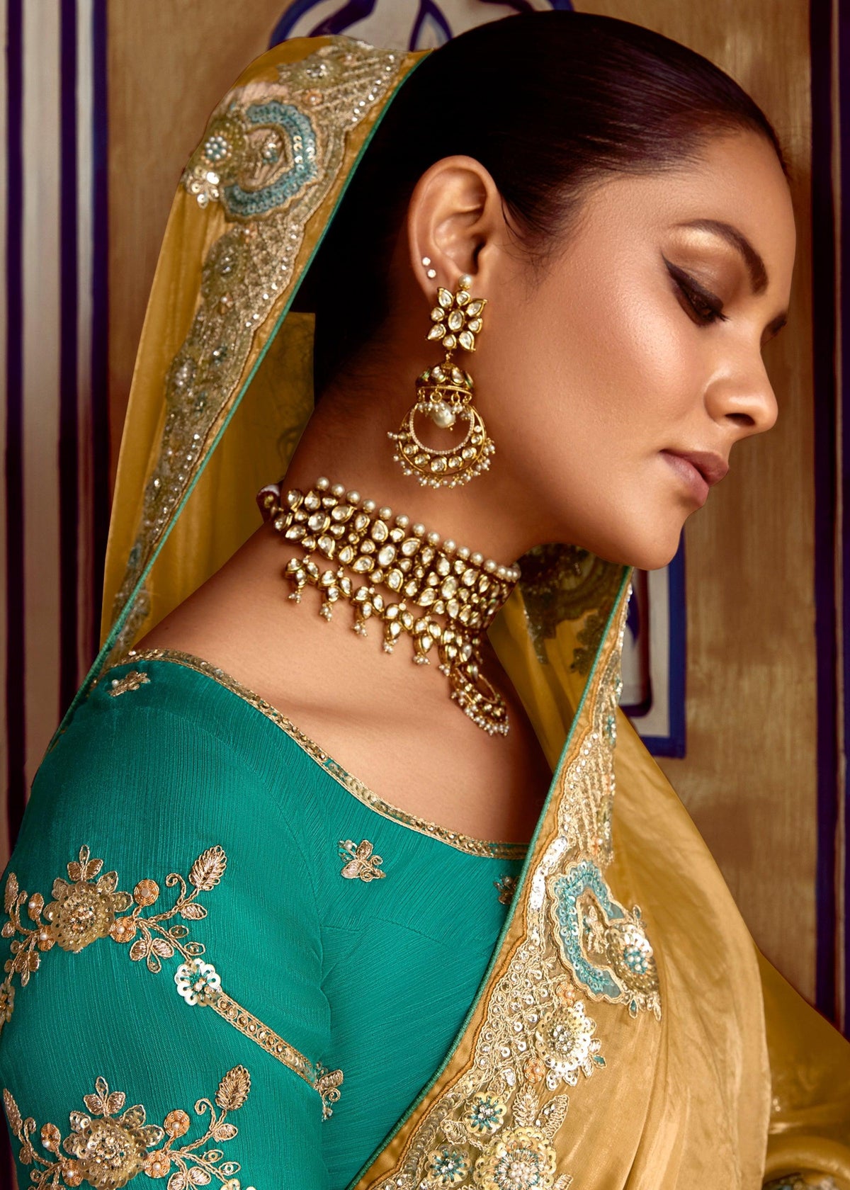 Bright Golden Heavy Embroidered Designer Silk Saree