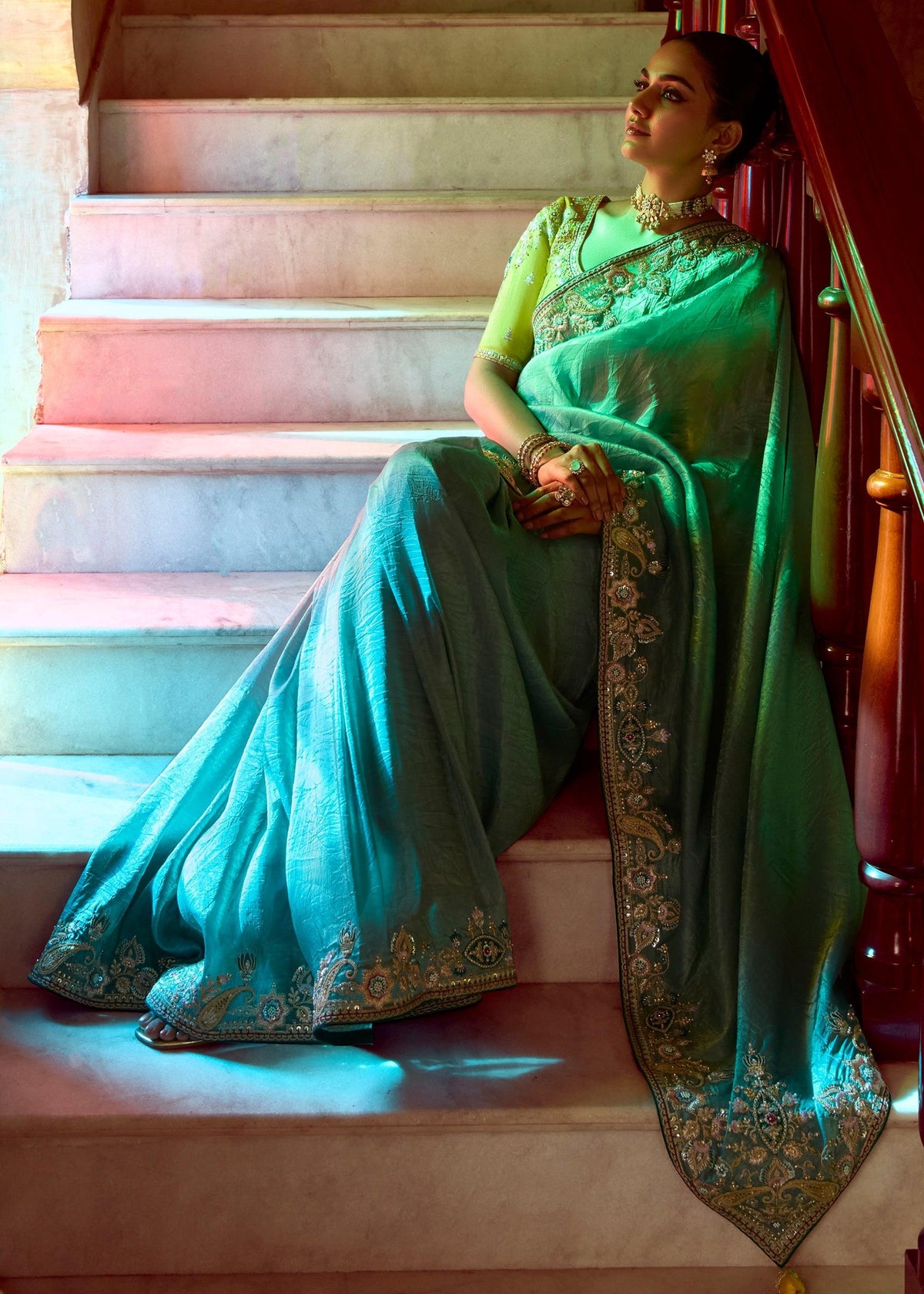 Tile Blue Heavy Embroidered Designer Silk Saree
