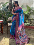 Blue Colour Design Linen Saree with Bandhej and kalamkari Digital Print