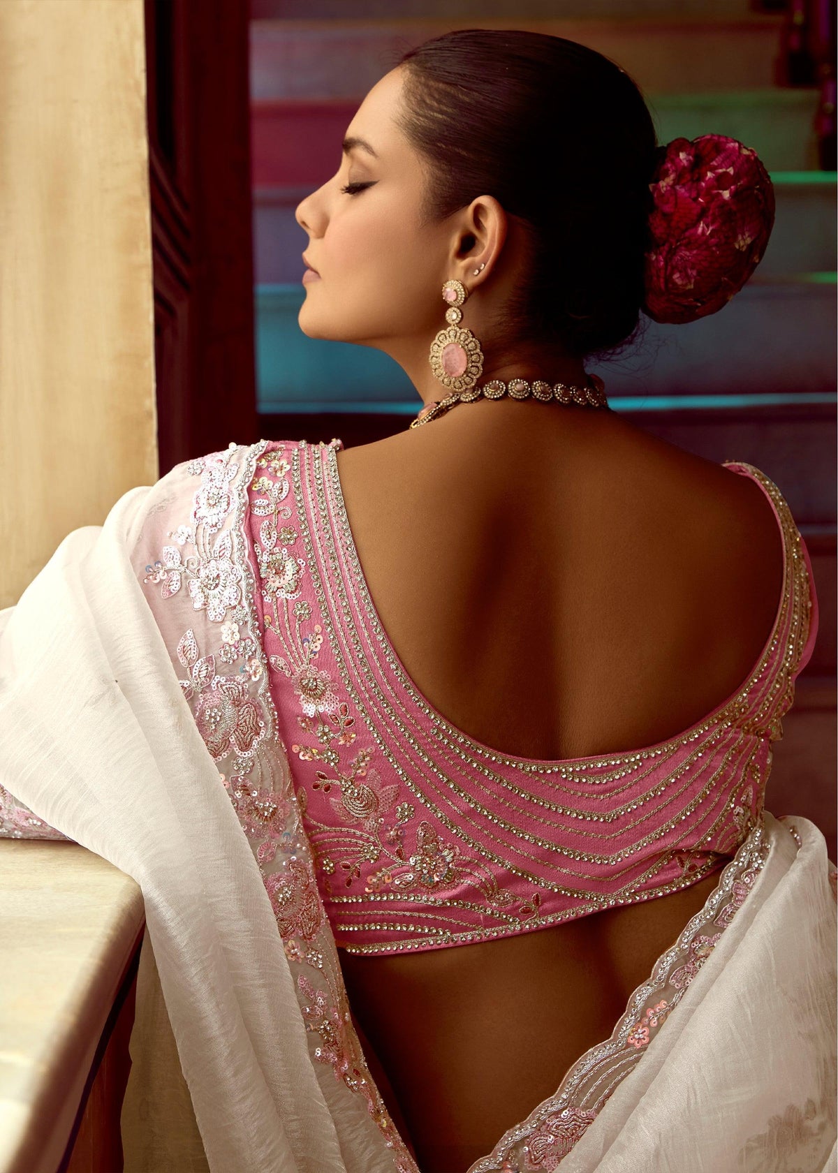 Snow White Heavy Embroidered Designer Silk Saree