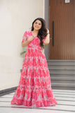 Floral Printed Georgette Women Tiered Gown