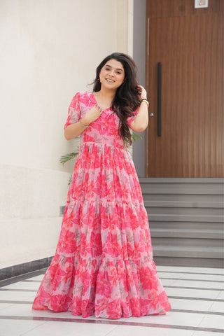 Floral Printed Georgette Women Tiered Gown