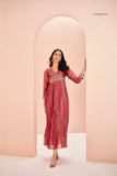 Coral Organza Designer Handwork Yoke Dress