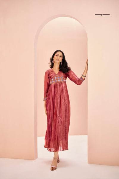Coral Organza Designer Handwork Yoke Dress