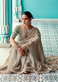 Crystal Grey Designer Embroidered Silk Saree With Contrast Blouse