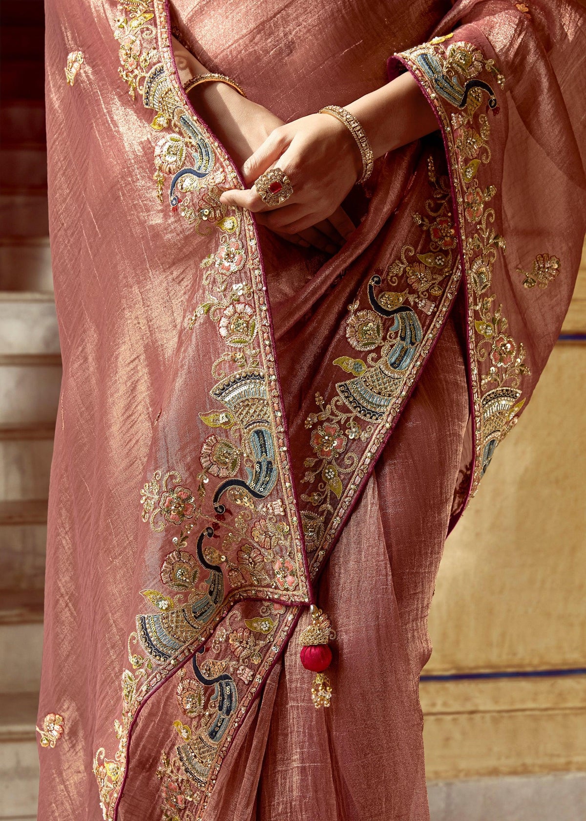 Mauve Brown Heavy Embroidered Designer Silk Saree