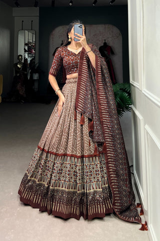 Bandhej With Ajarakh Print Silk Lehenga Choli - women's fashion mart