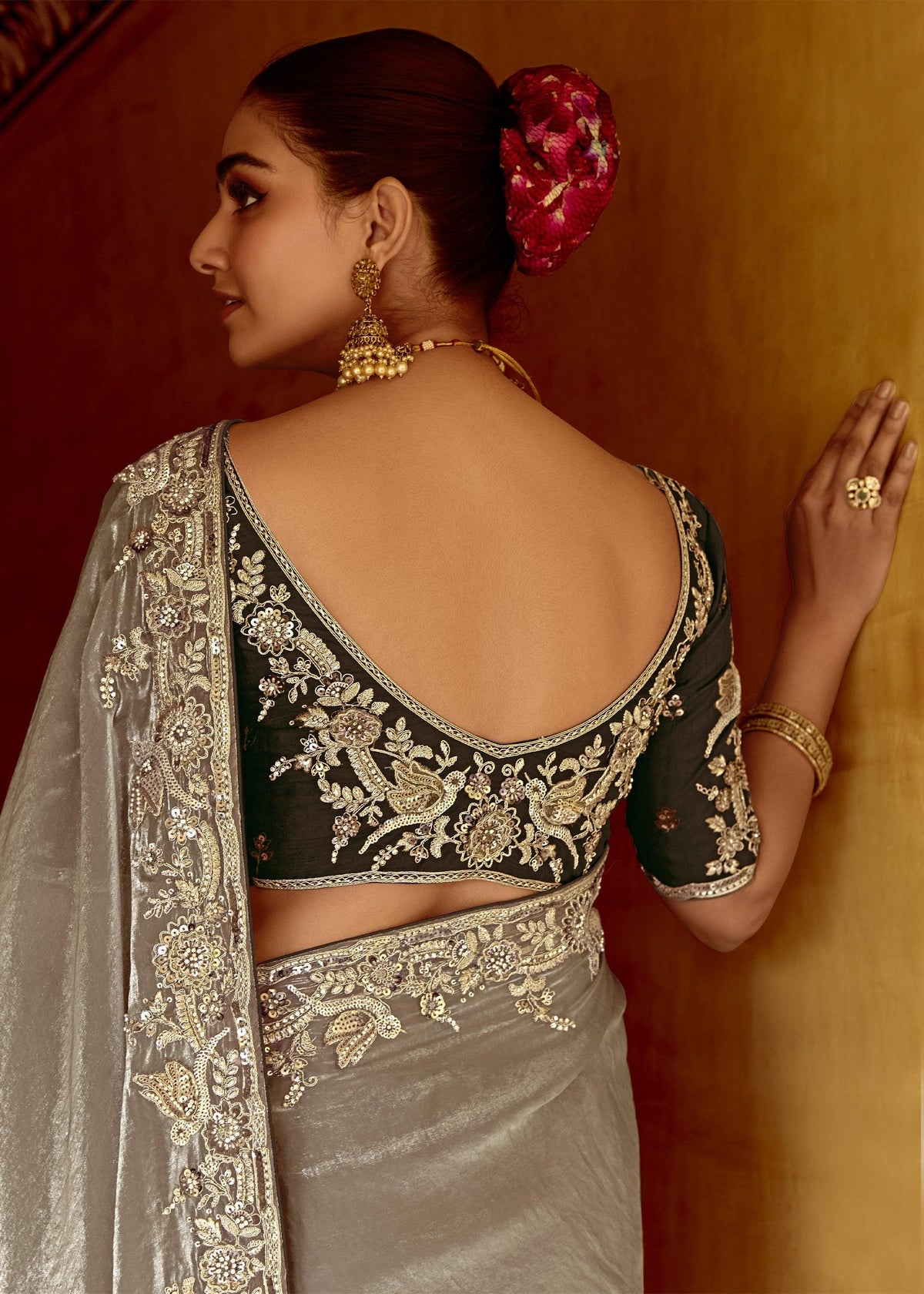 Silver Grey Heavy Embroidered Designer Silk Saree